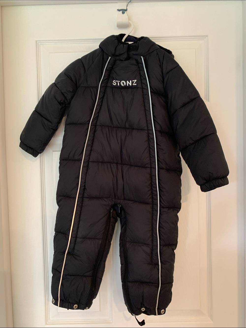 Stonz Black Puffer Kids One-Piece Snowsuit with Reflective Trim
